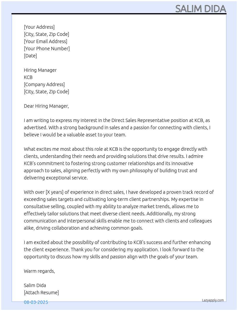 DIRECT SALES REPRESENTATIVE At KCB Cover Letter