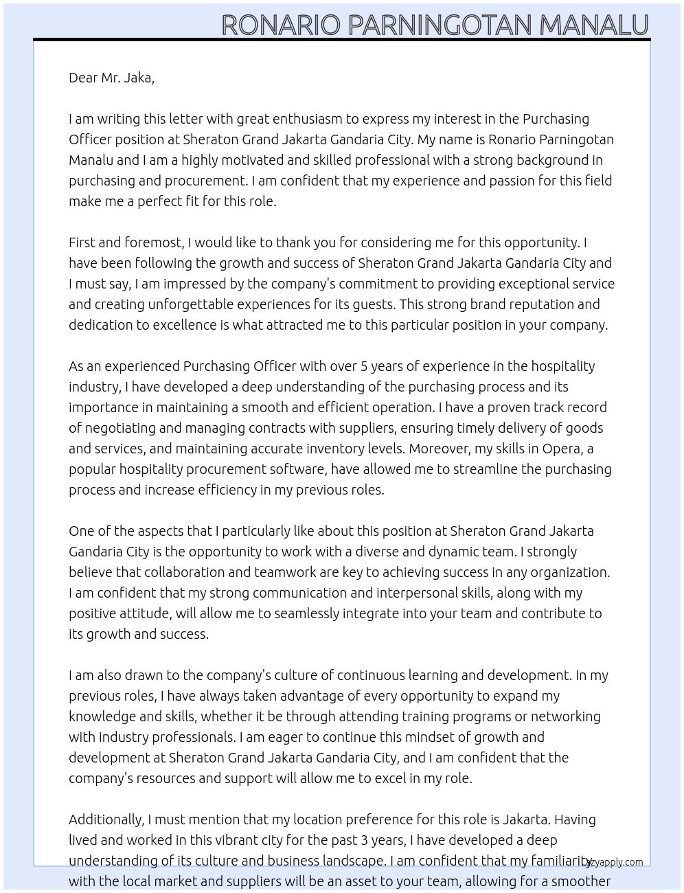 Purchasing Officer At Sheraton Grand Jakarta Gandaria City Cover Letter