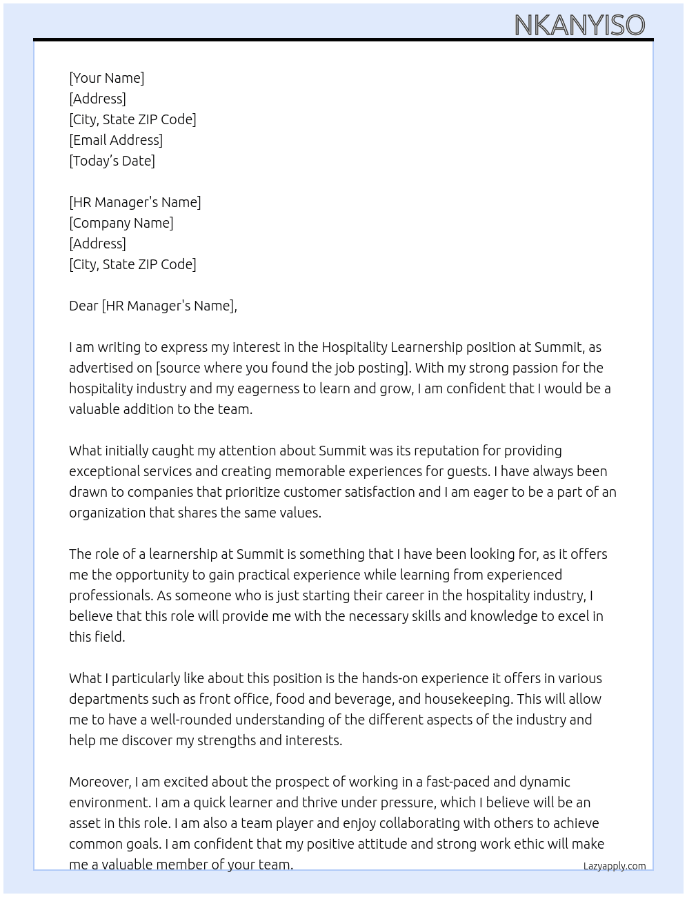 Hospitality learnership  At Summit  Cover Letter