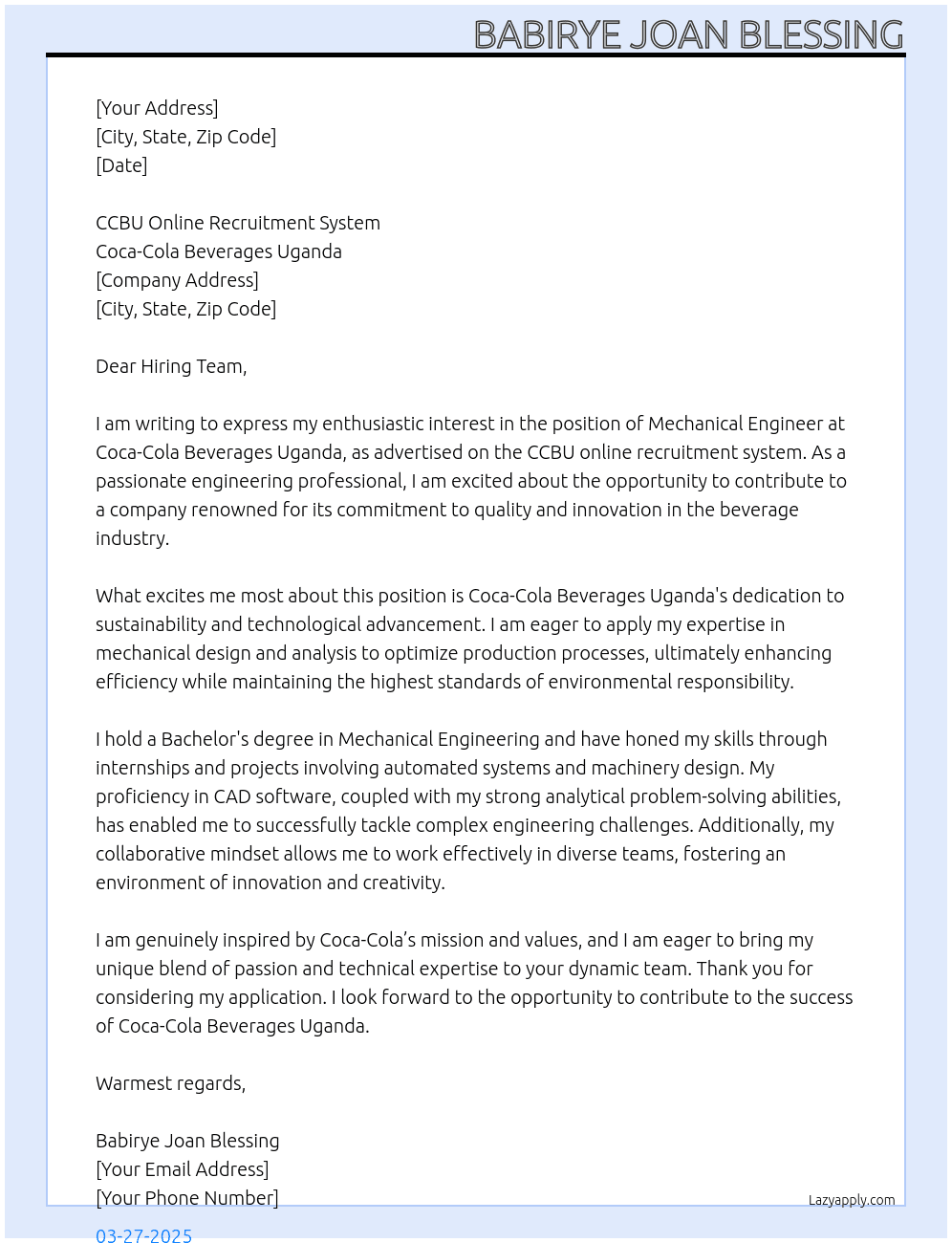 Mechanical Engineer At Coca-cola Beverages Uganda Cover Letter