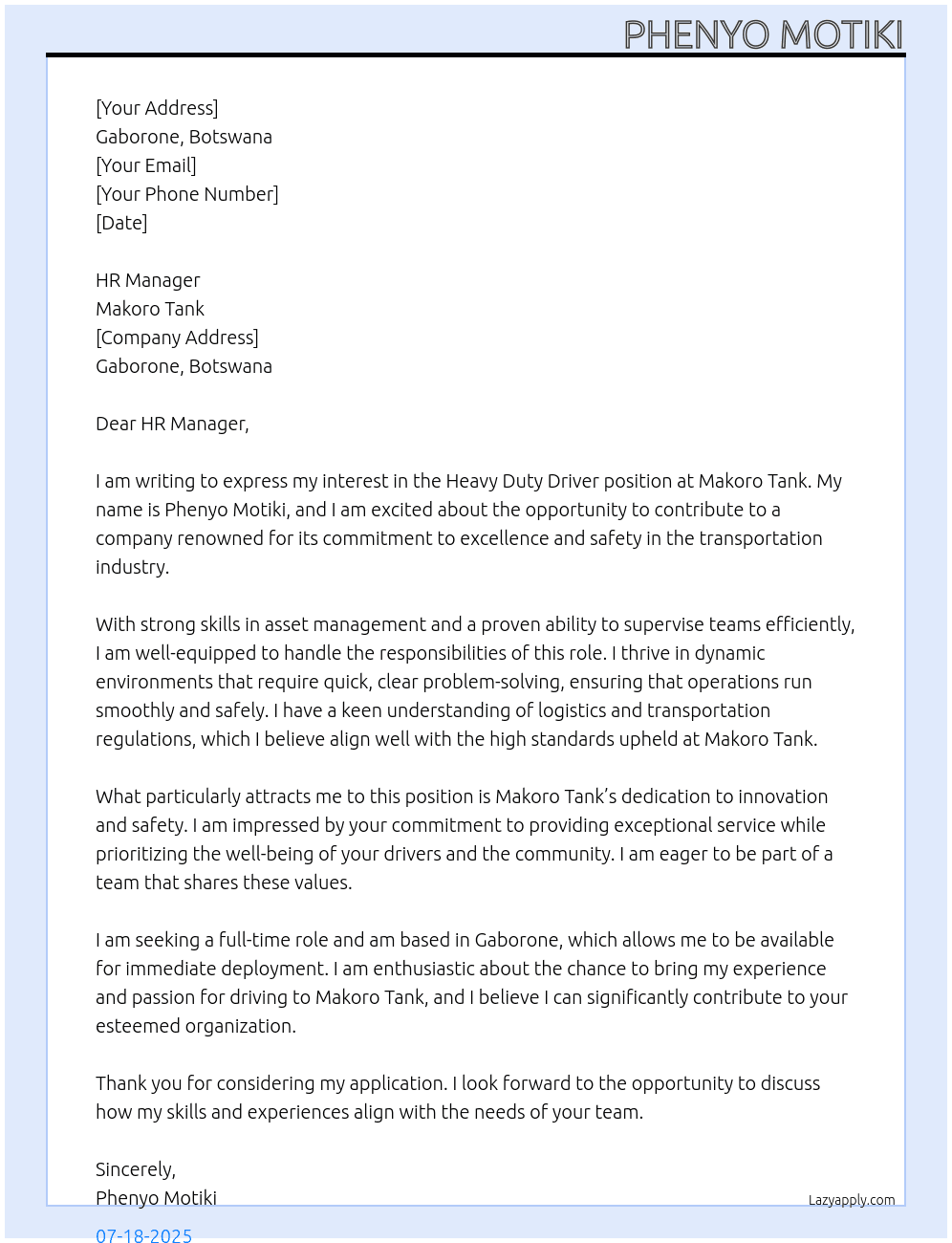 Heavy Duty Driver At Makoro Tank Cover Letter