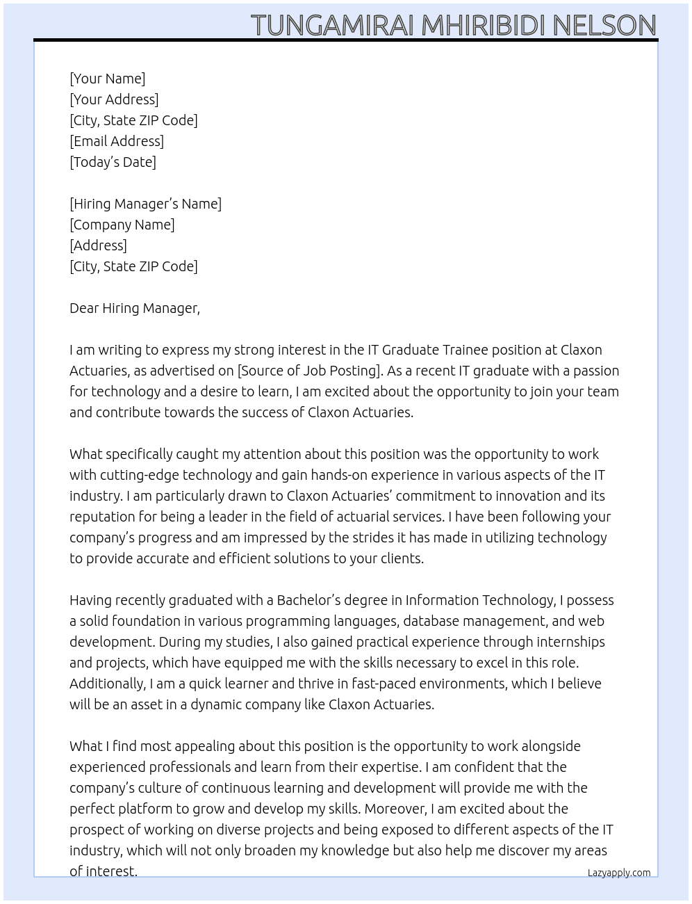 IT Graduate Trainee At Claxon Actuaries Cover Letter