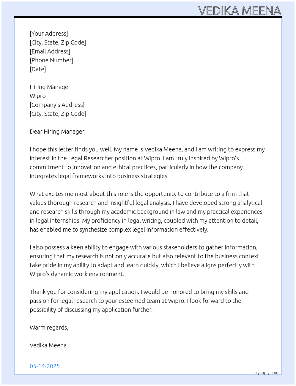 legal researcher At Wipro Cover Letter