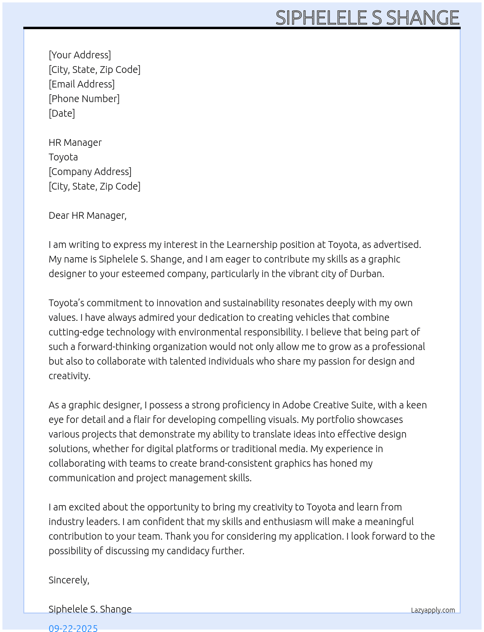 Learnership At Toyota  Cover Letter