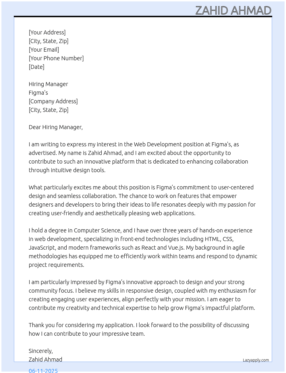Web development  At Figma's  Cover Letter