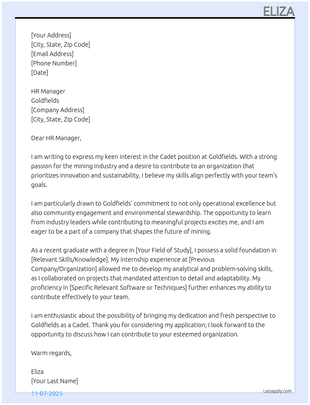 Cadet At Goldfields  Cover Letter