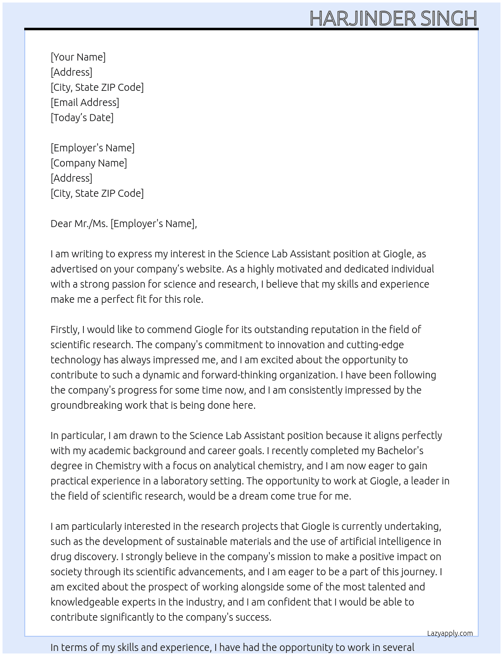 Cover letter for science lab assitant - LazyApply