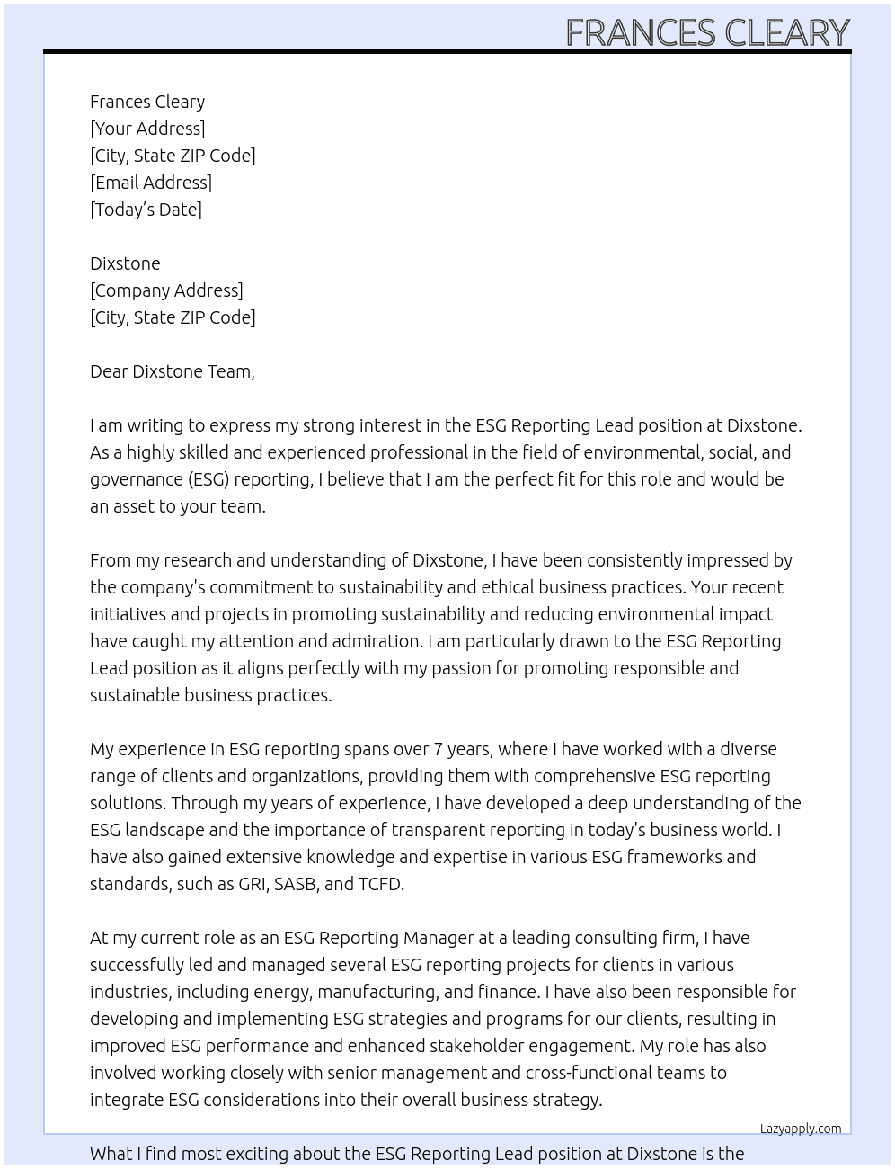 ESG Reporting Lead At Dixstone Cover Letter