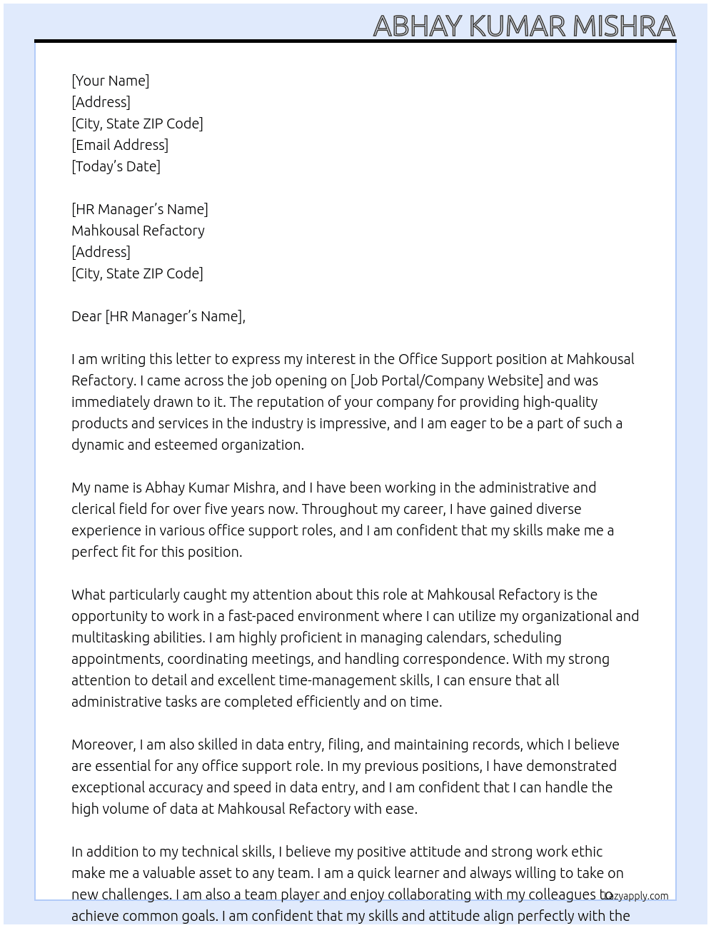 Office support  At Mahkousal refactory Cover Letter