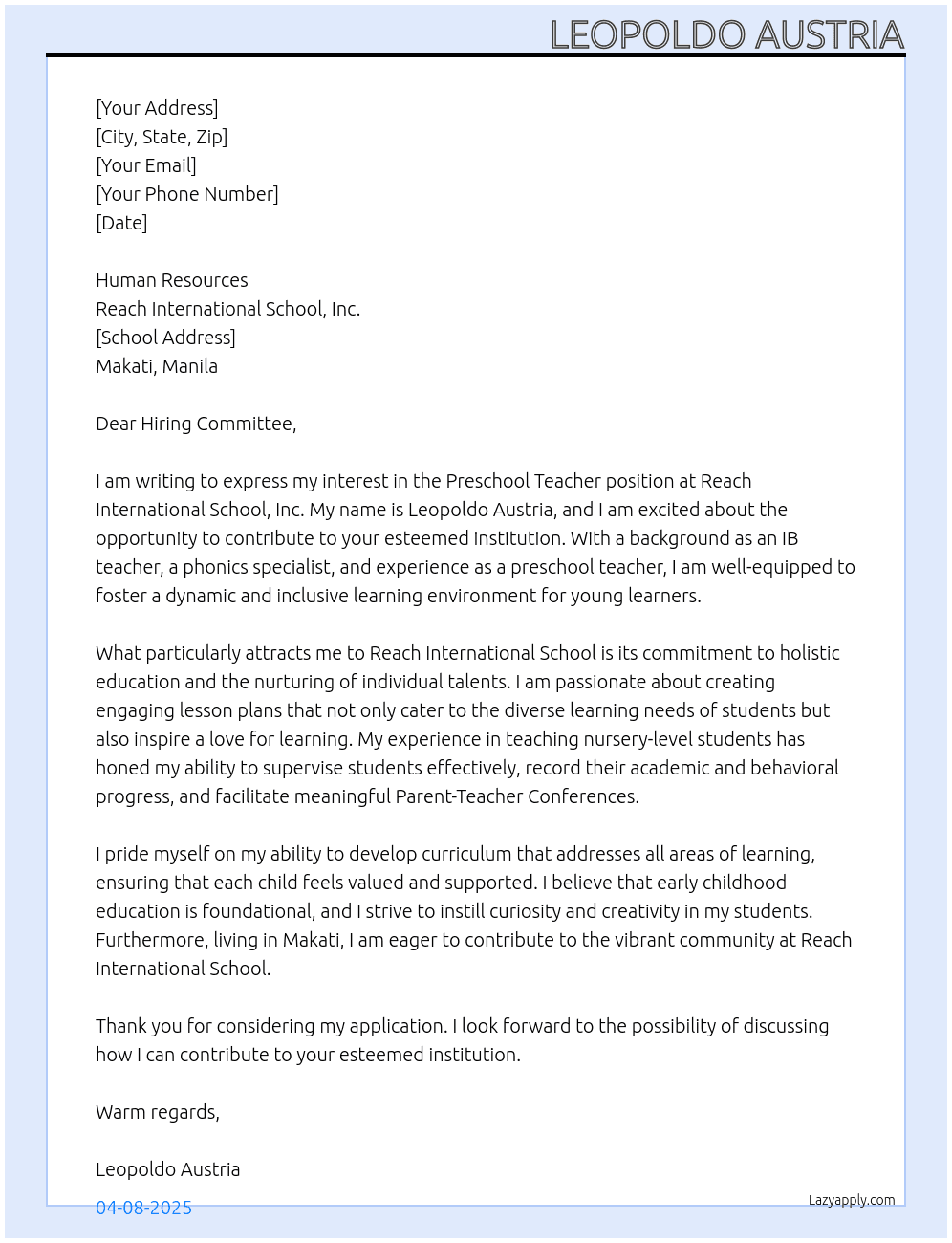 Preschool teacher At Reach International School, Inc. Cover Letter