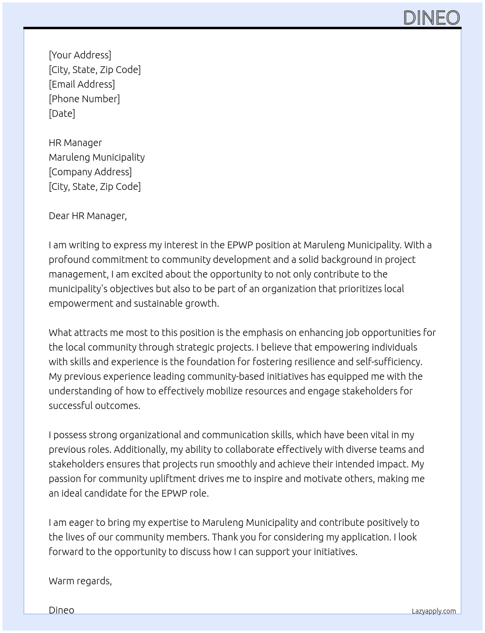 EPWP At Maruleng Munipality Cover Letter