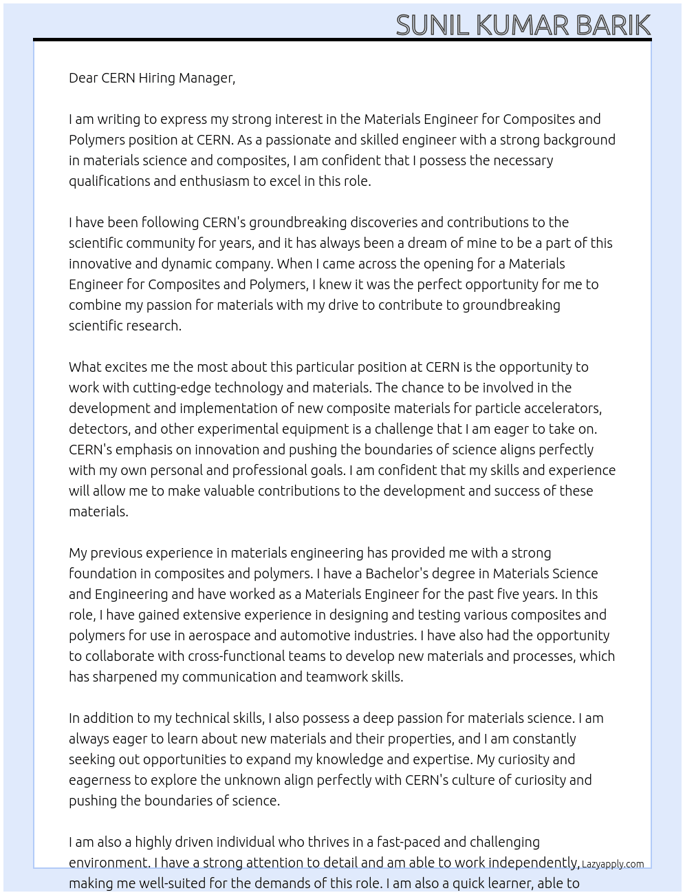 Materials Engineer for Composites and Polymers  At CERN Cover Letter