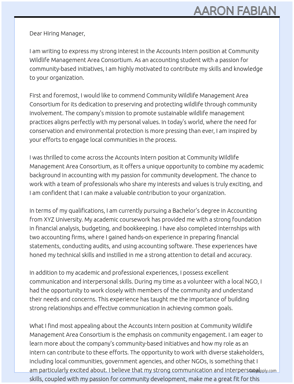 Cover letter for accounts intern - LazyApply