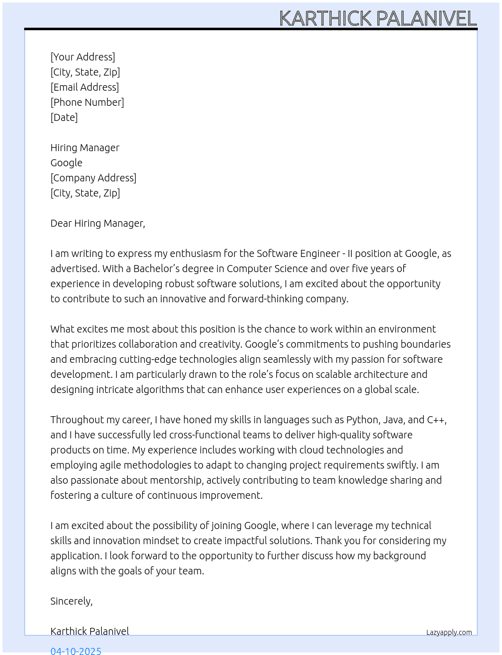 Cover letter for software engineer - ii - LazyApply