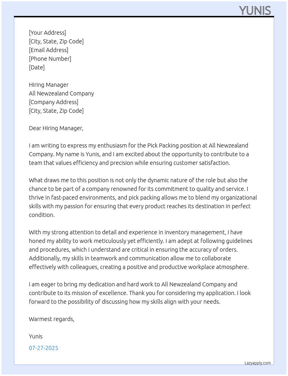 Cover letter for pick packing - LazyApply