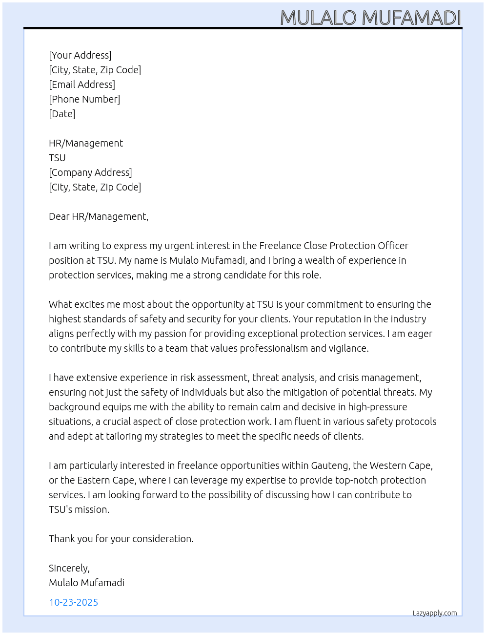 Freelance Close Protection Officer  At TSU Cover Letter