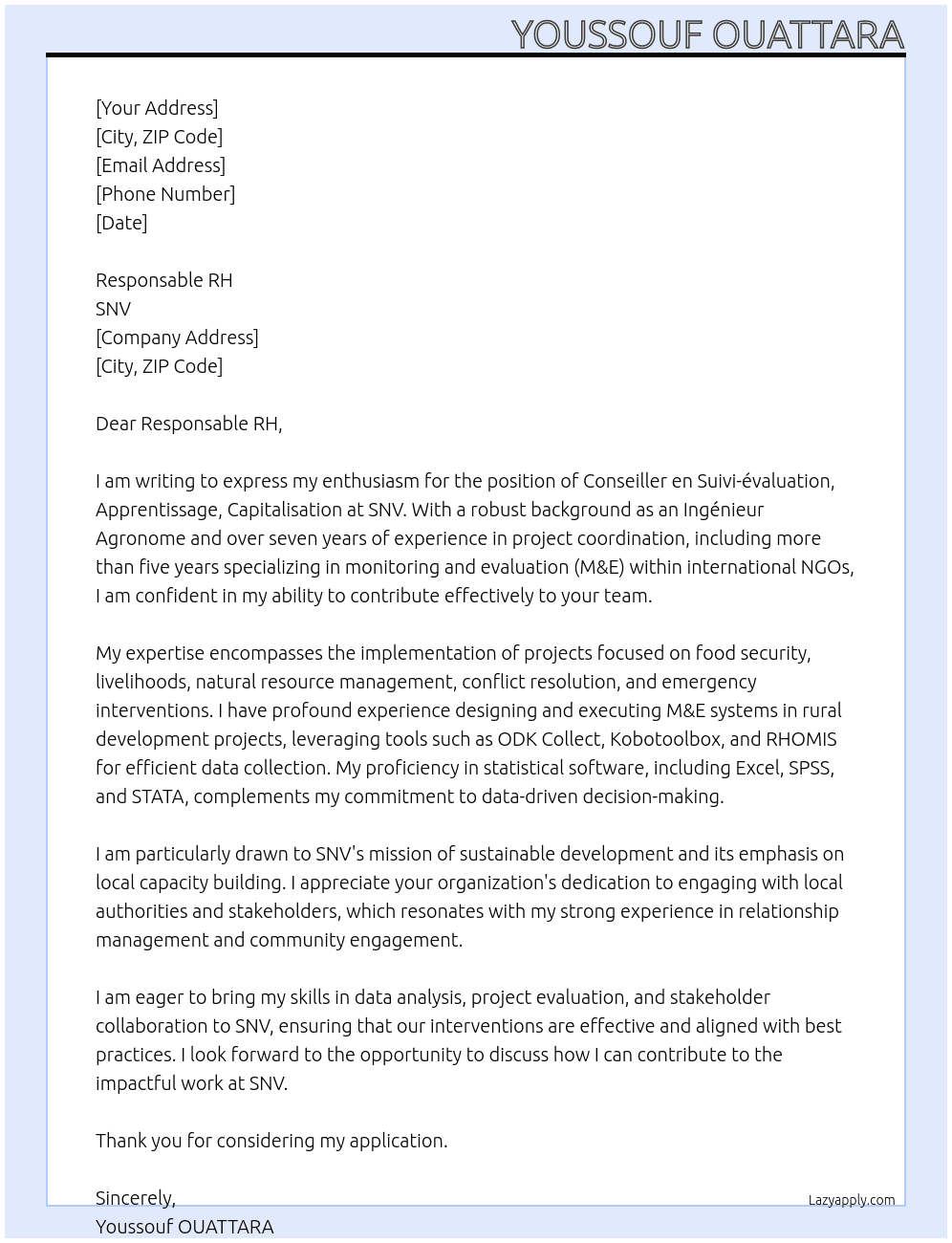 Cover letter for conseiller en suivi-évaluation, apprentissage, capitalisation - LazyApply