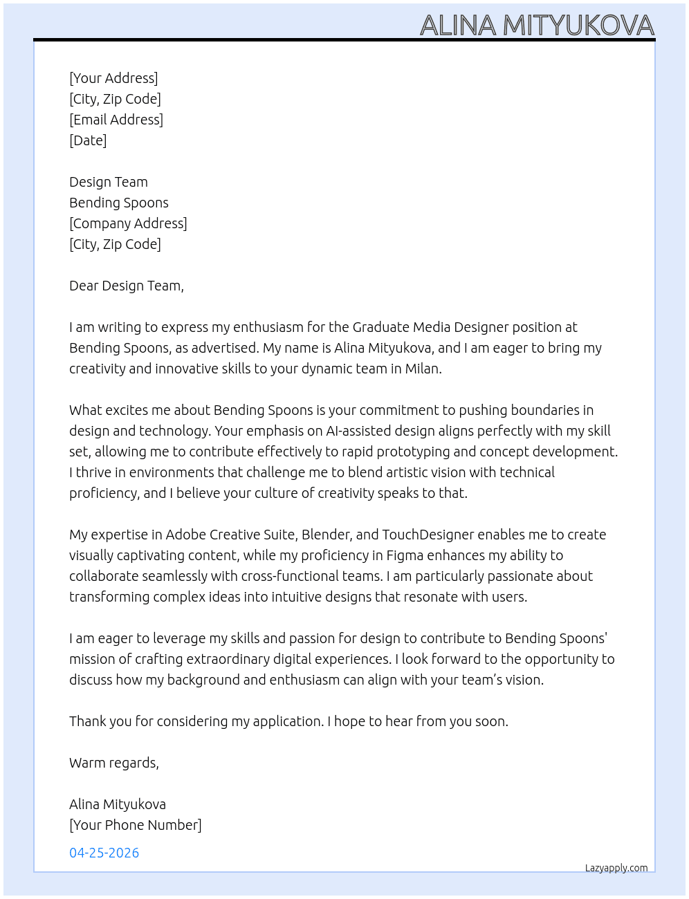 Graduate media designer At Bending spoons Cover Letter