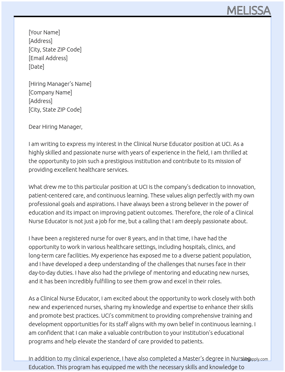 Clinical Nurse Educator At UCI Cover Letter
