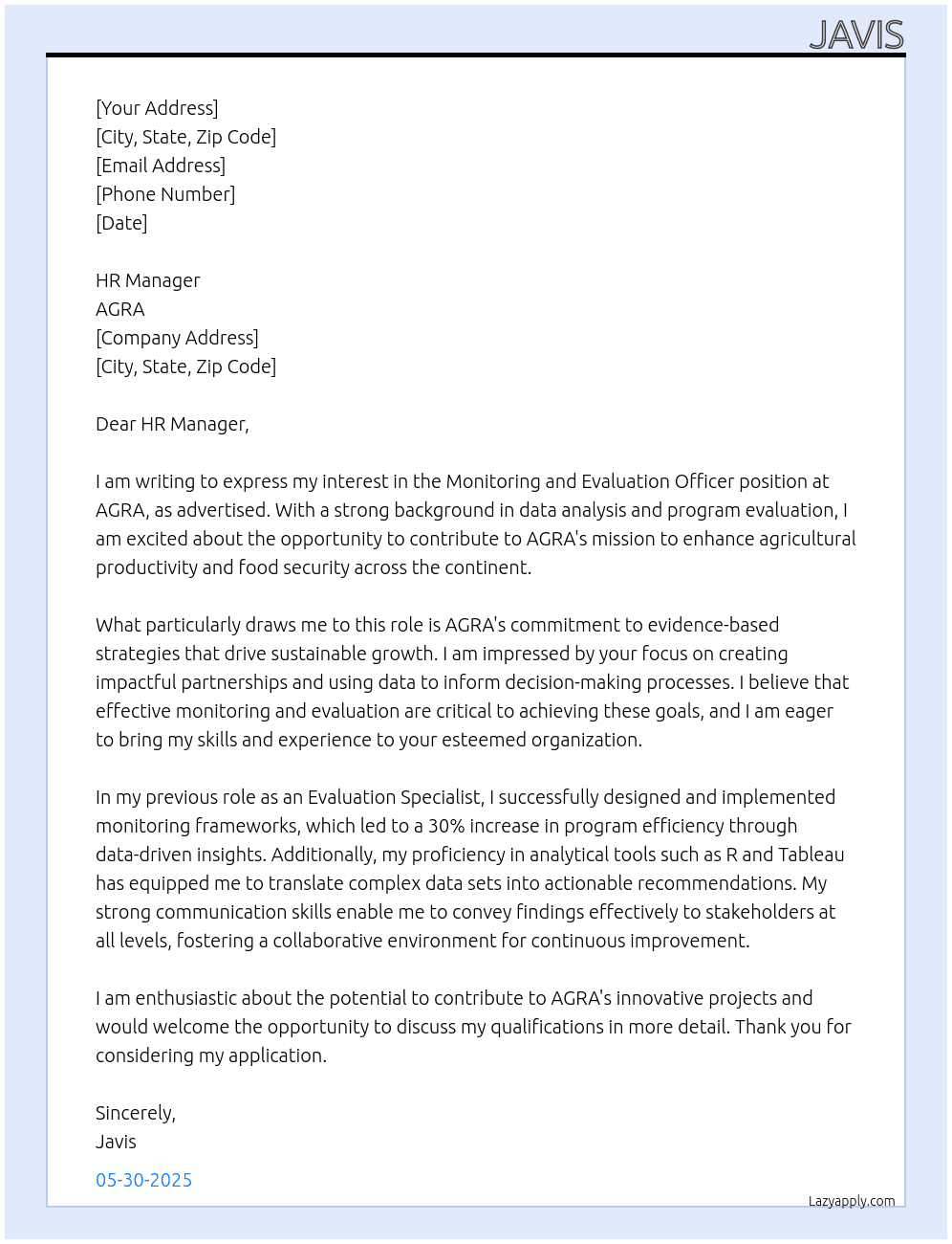 Monitoring and Evaluation Officer At AGRA Cover Letter