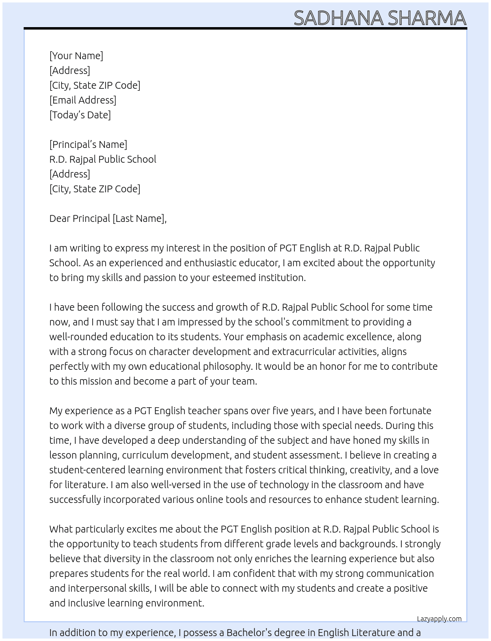 Cover letter for pgt english - LazyApply