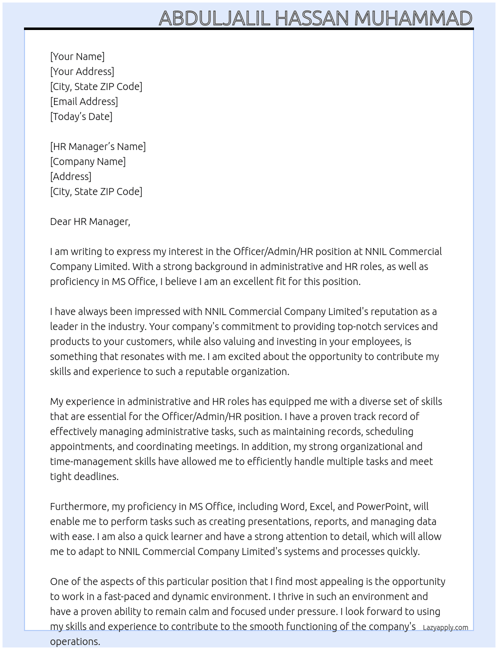 Officer/Admin/HR At NNIL COmmercial Company Limited Cover Letter