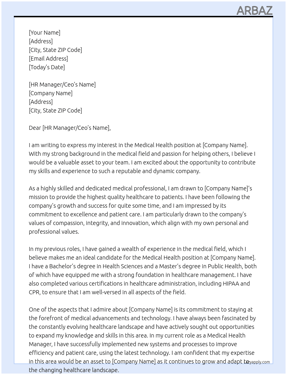 medical health At everyone Cover Letter