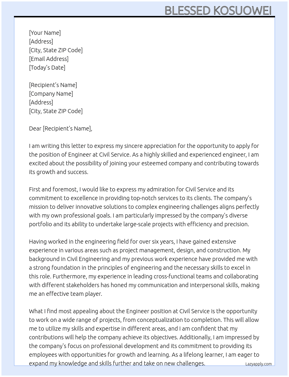 Engineer  At Civil service  Cover Letter