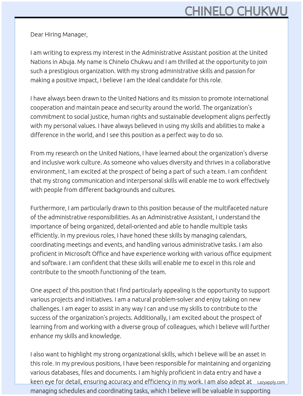 Administrative assistant At United Nations Cover Letter