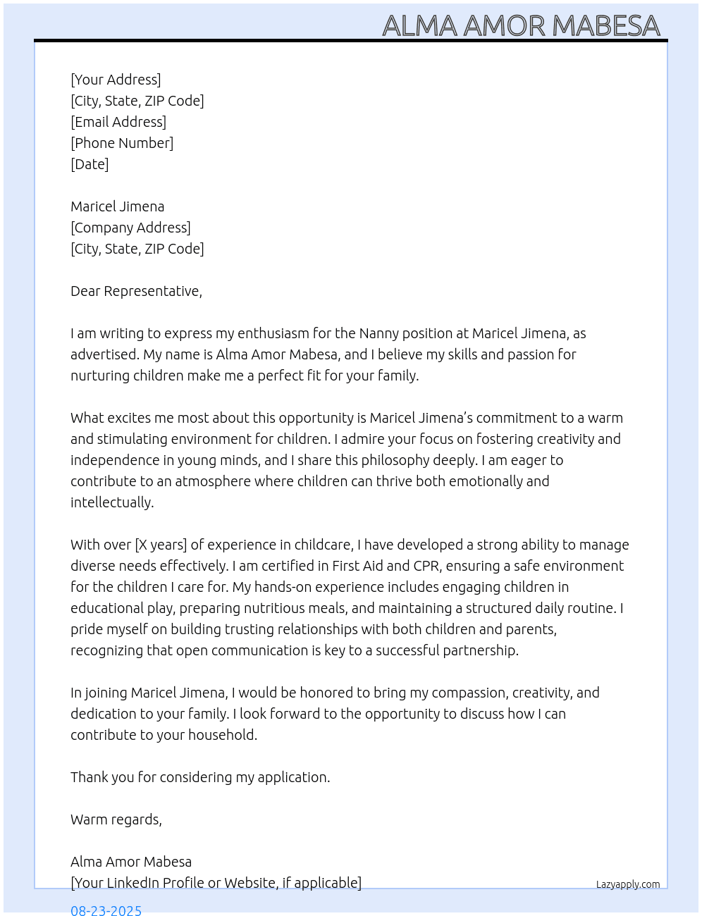 Nanny At Maricel jimena Cover Letter