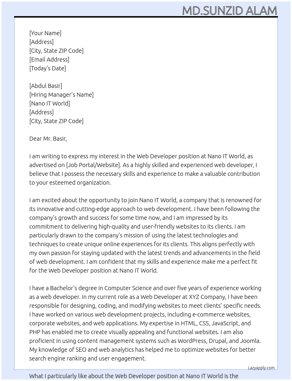 Web Developer  At Nano IT World Cover Letter