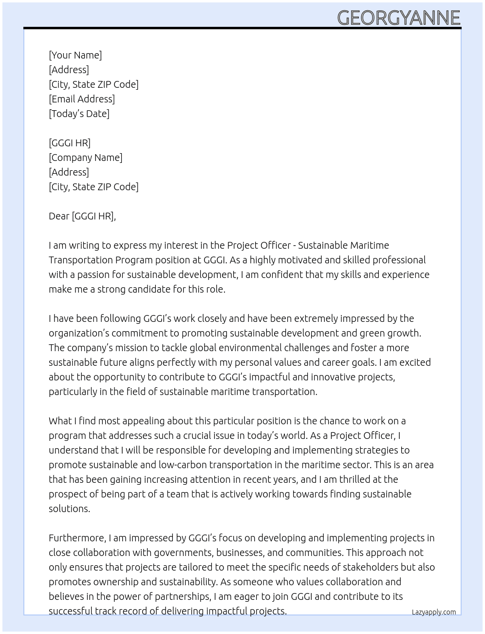 Cover letter for project officer - sustainable maritime transportation program - LazyApply