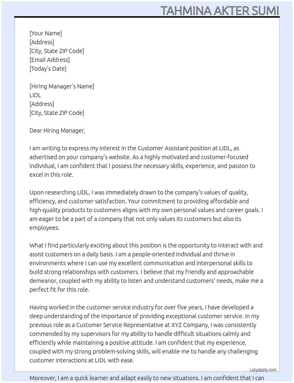 customer assistant At LIDL Cover Letter