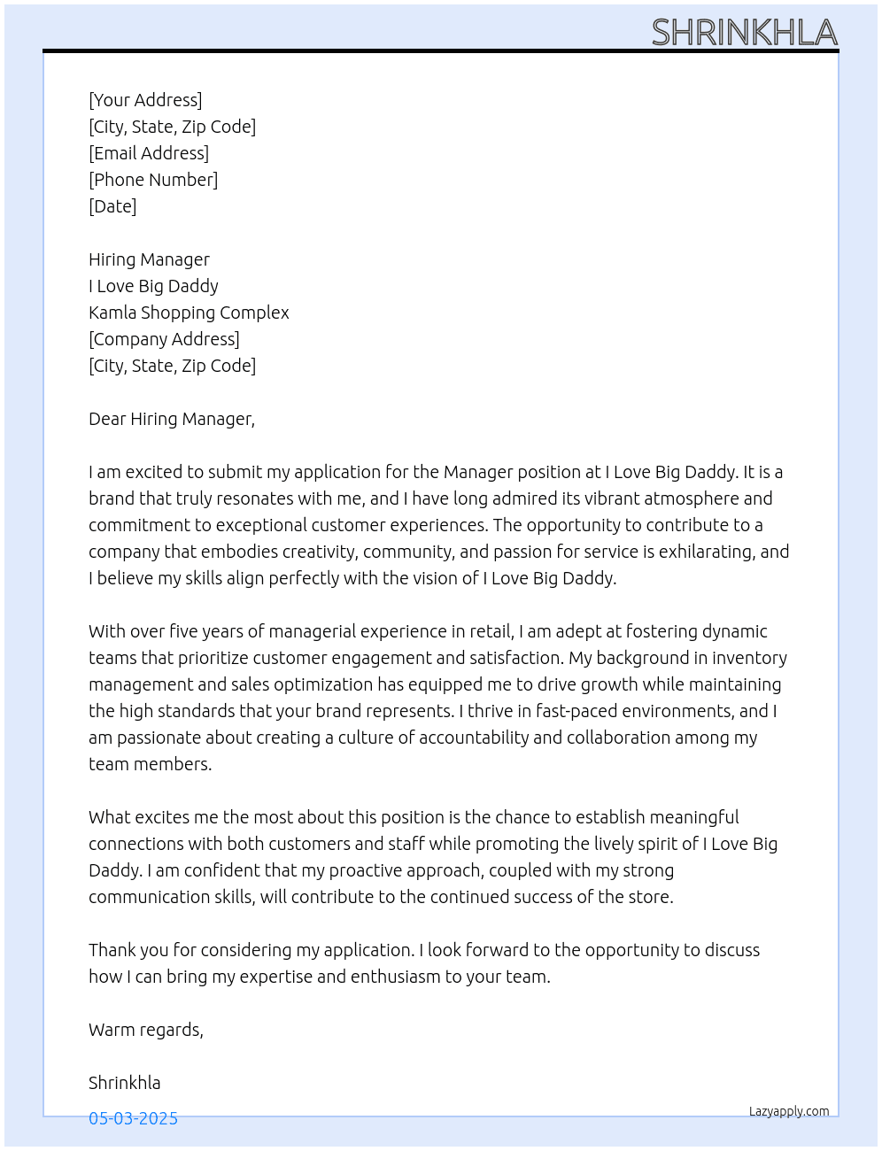Manger At  I love big daddy Cover Letter