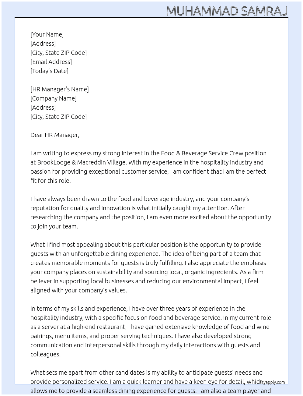 ood & Beverage Service Crew At BrookLodge & Macreddin Village Cover Letter