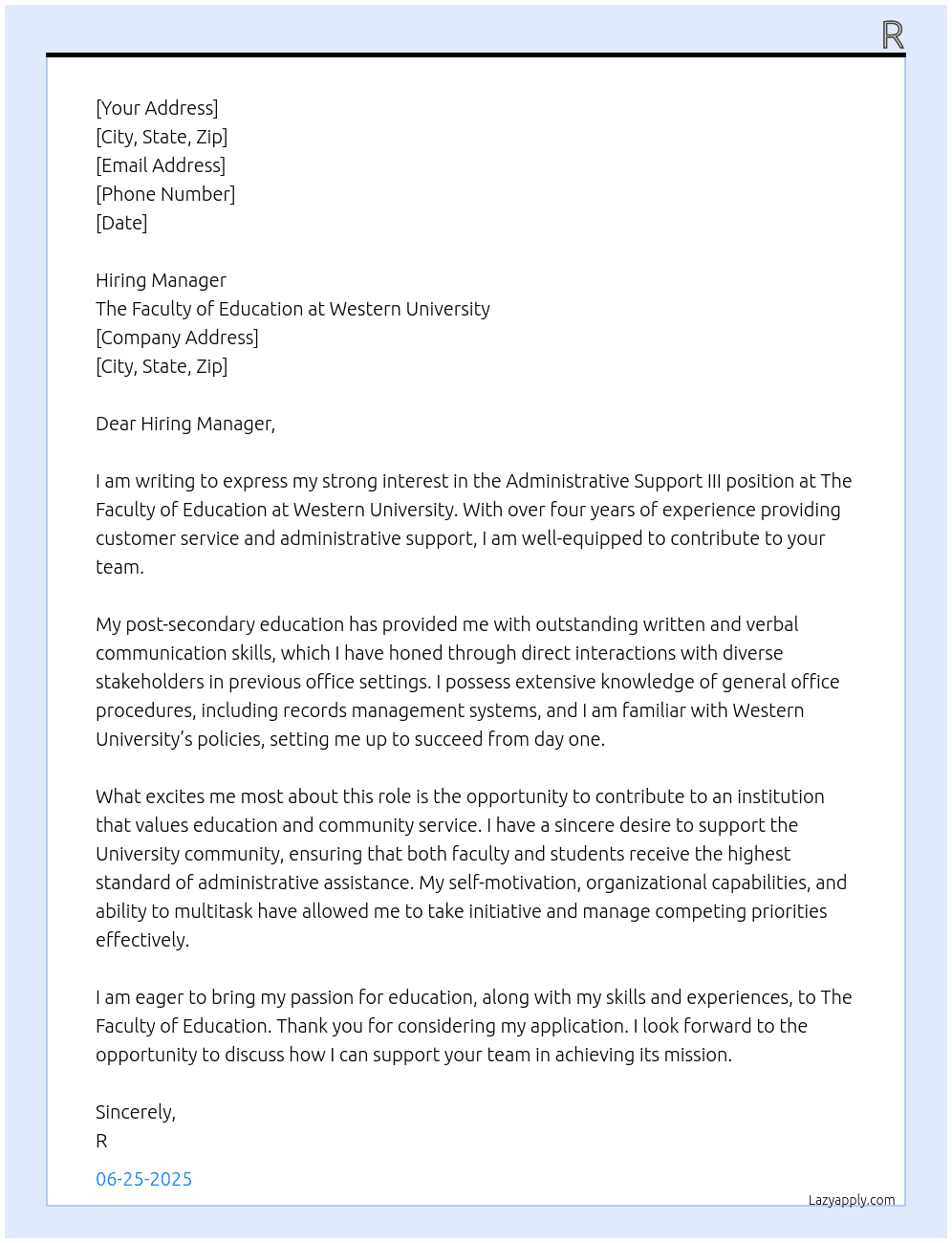 Cover letter for administrative support iii - LazyApply