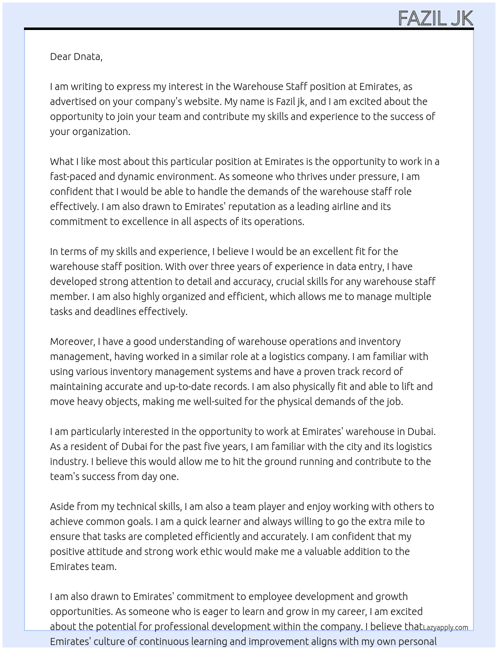 Warehouse staff  At Emirates  Cover Letter