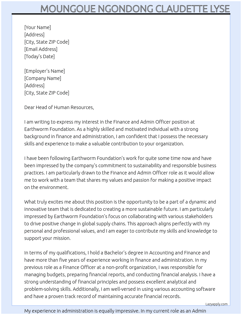 Finance and Admin Officer At Eathworm Foundation Cover Letter