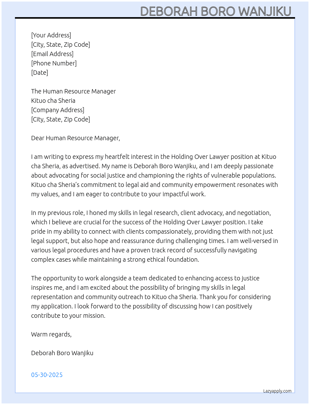 Holding Over Lawyer At Kituo cha Sheria Cover Letter