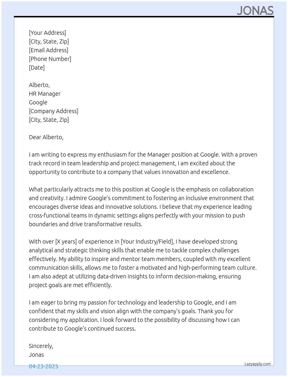 Manager  At Google  Cover Letter
