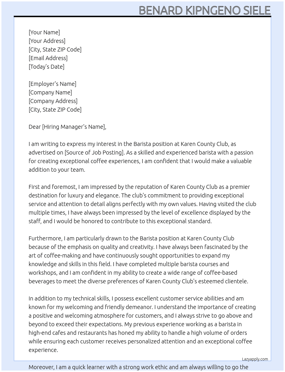 Barista At Karen county club Cover Letter