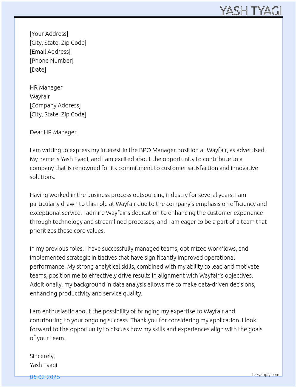 BPO manager At wayfair Cover Letter