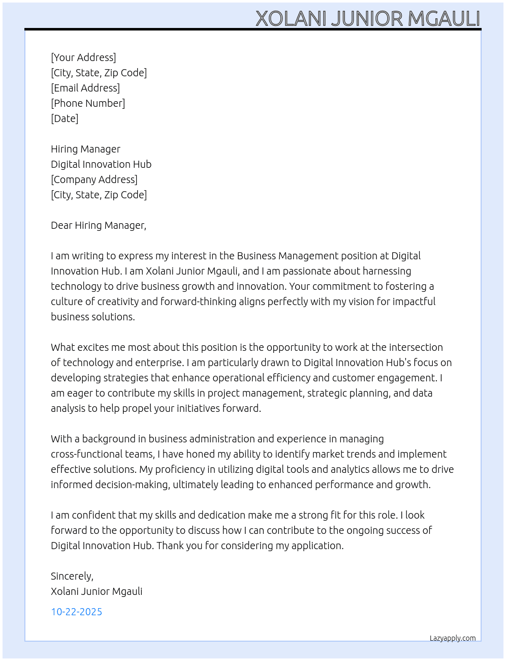 Business Management At Digital Innovation Hub Cover Letter