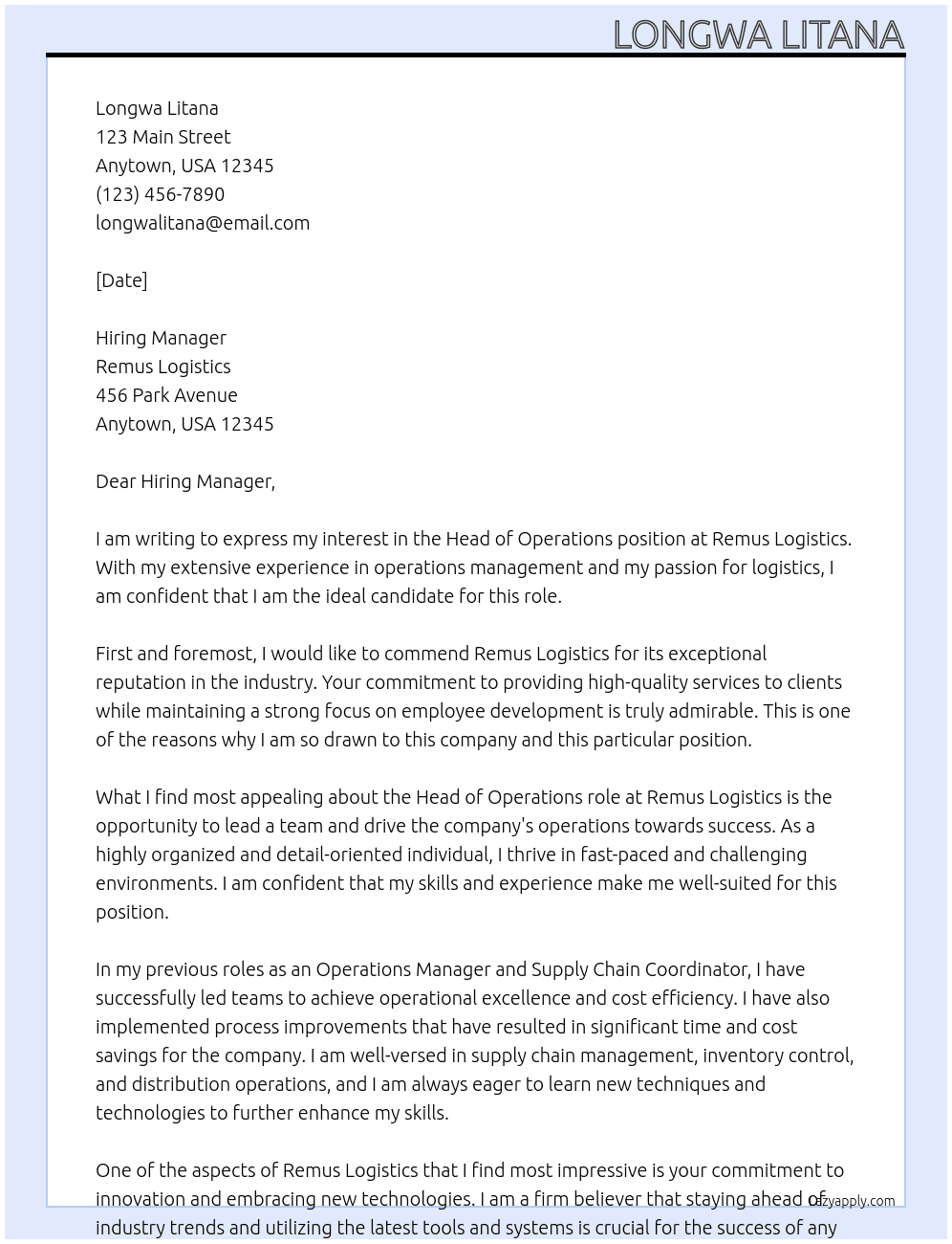 Head of operations At Remus Logistics Cover Letter