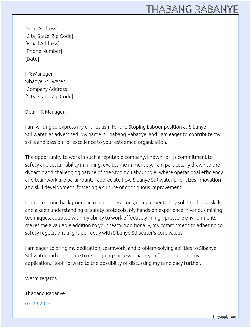 Cover letter for stoping labour - LazyApply