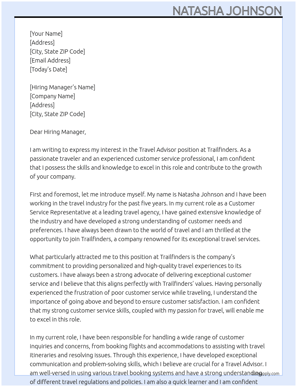 Travel Advisor At Trailfinders Cover Letter
