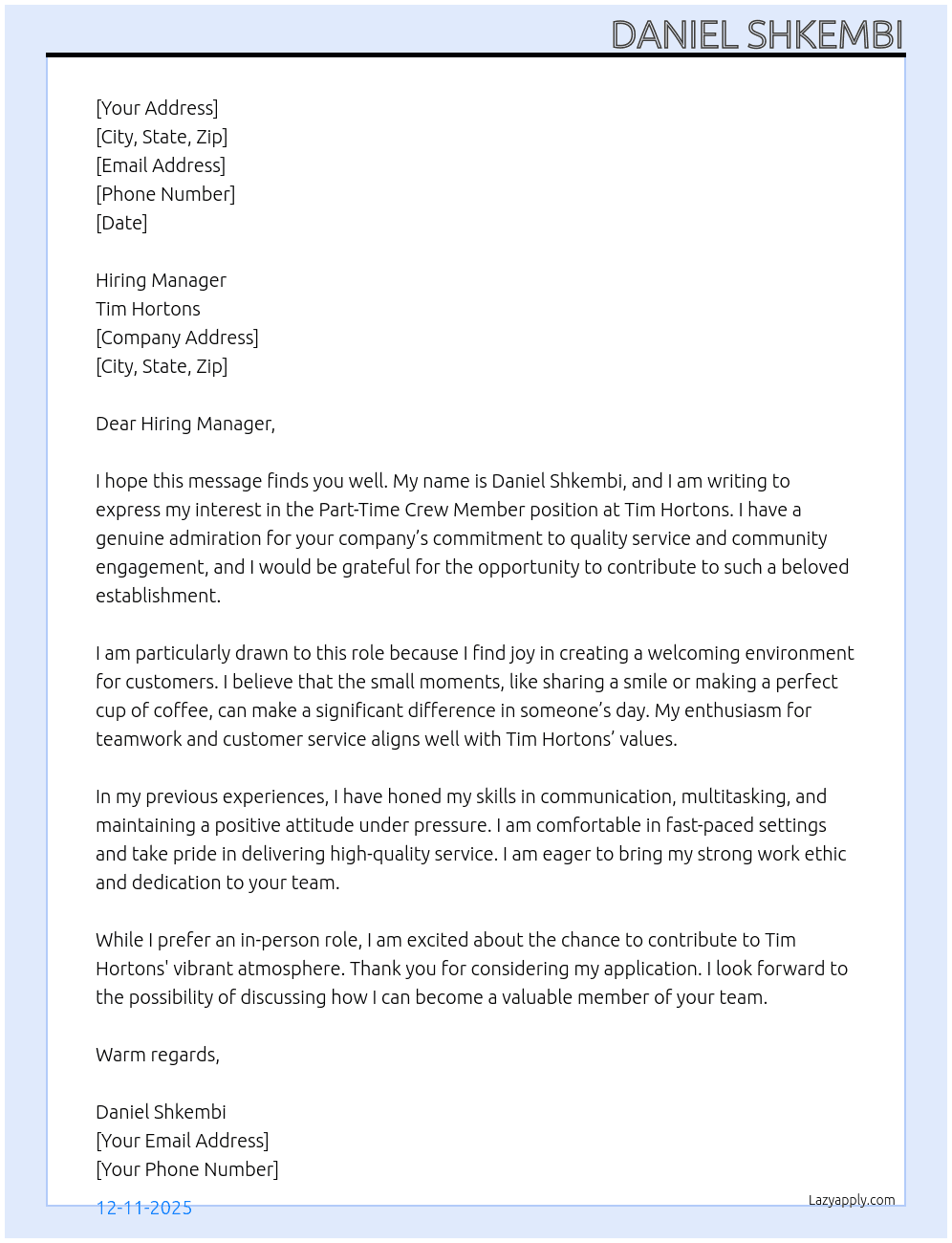 Crew Member At Tim Hortons Cover Letter