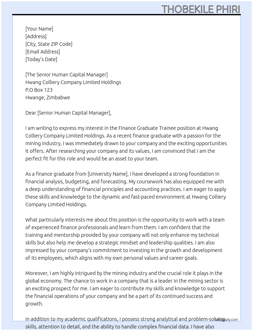 Cover letter for finance graduate trainee - LazyApply
