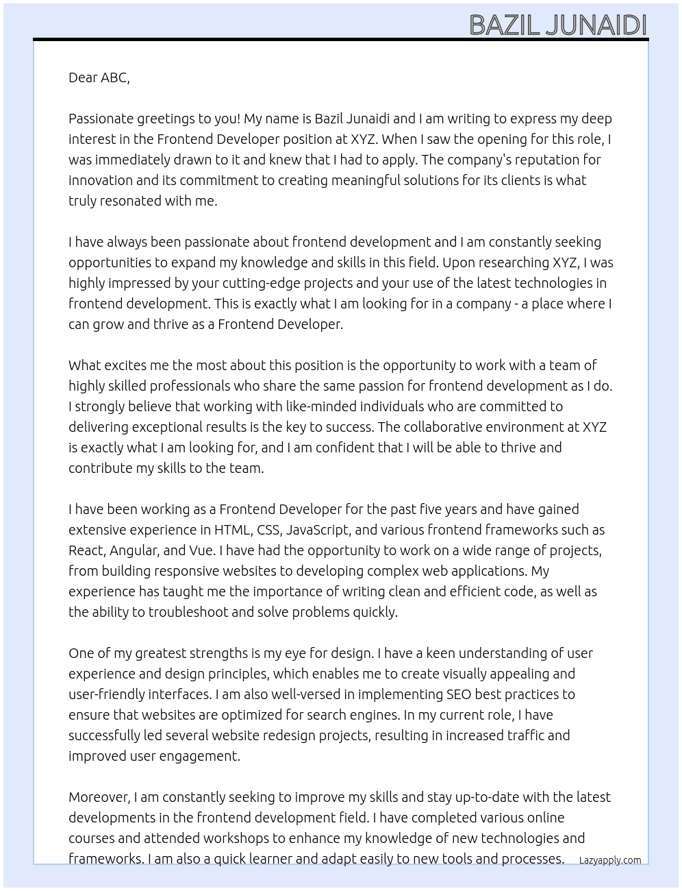 Cover letter for frondend developeer - LazyApply