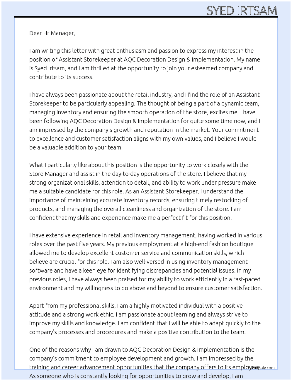 Assistant Store keeper At  AQC Decoration Design & Implementation Cover Letter